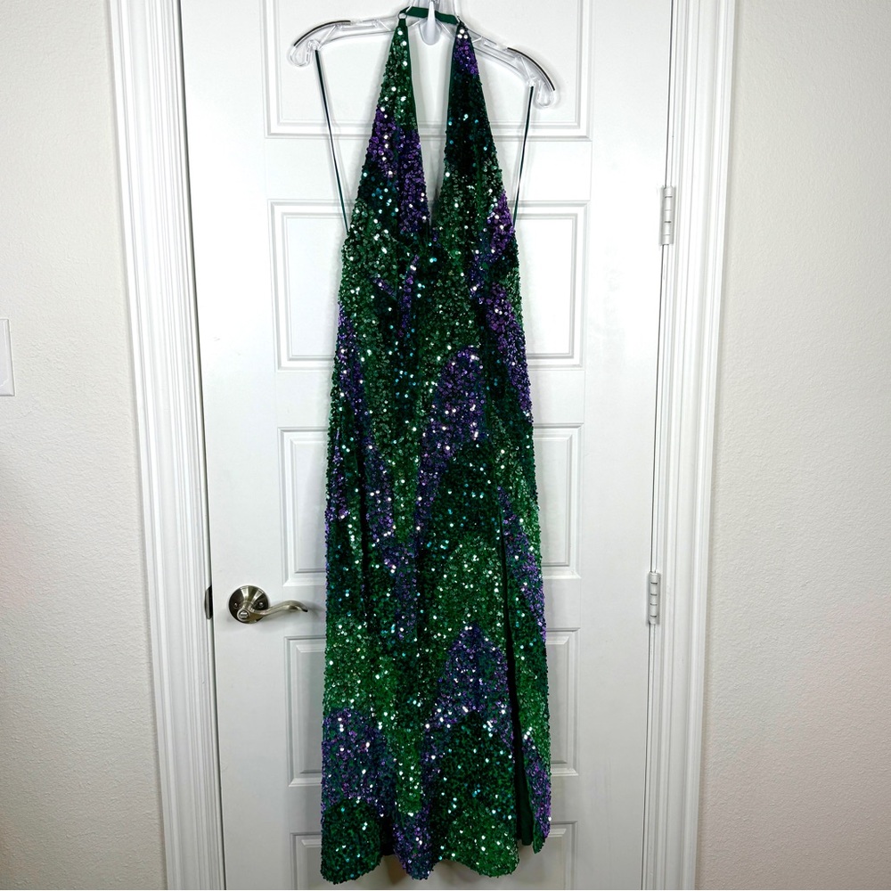FREE PEOPLE Glitter & Gold Halter Sequin Midi Dress NEW Size S Green - Picture 2 of 15